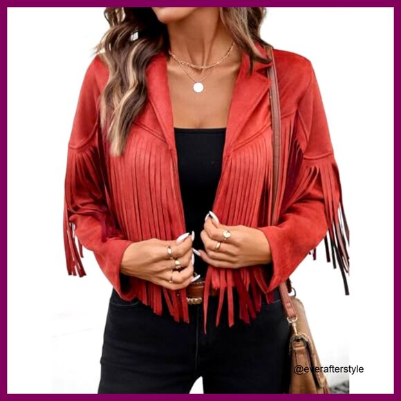 Faux Suede Cropped Jacket Fringe Tassel Western Style Boho Chic Fall Fashion - Picture 5 of 7